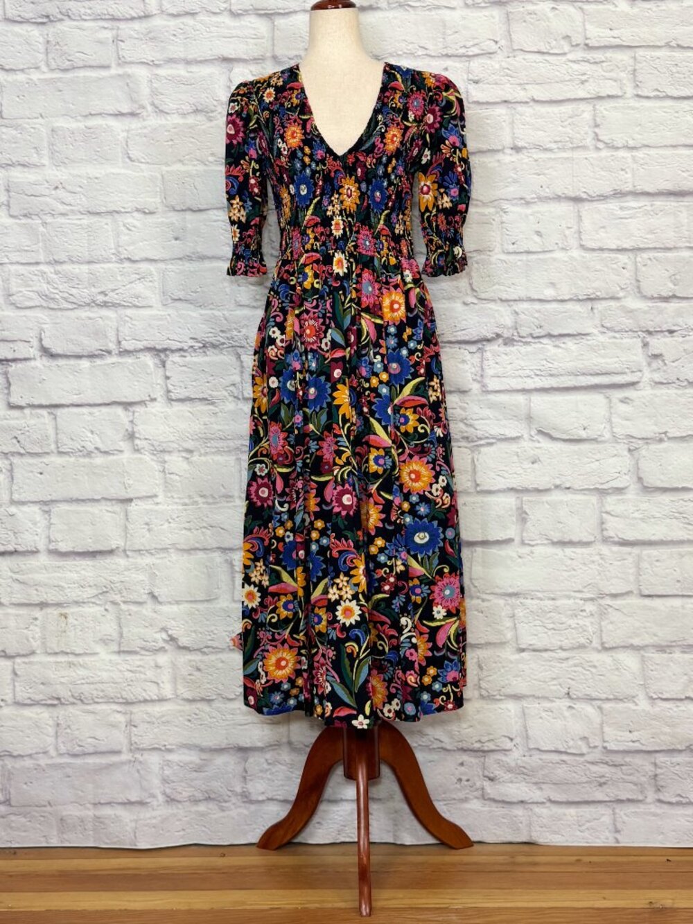 Boden Black Cotton Floral Midi Dress